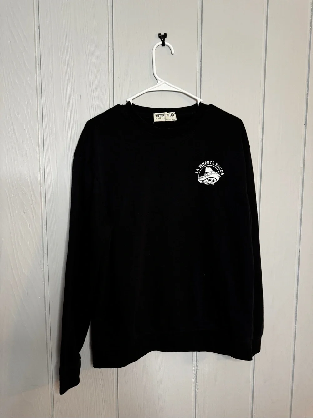 Retrofit Black Crewneck Sweatshirt with White La Huerta Taco Logo